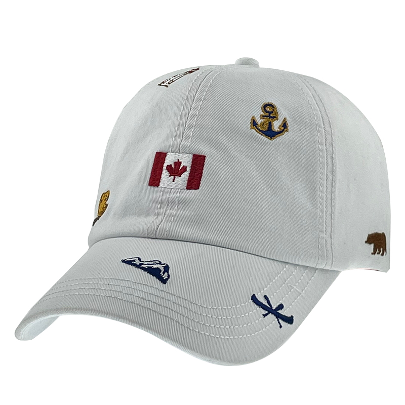 Northern Icons Canada All-Over Embroidery Cap with off white fabric and iconic Canadian symbols.