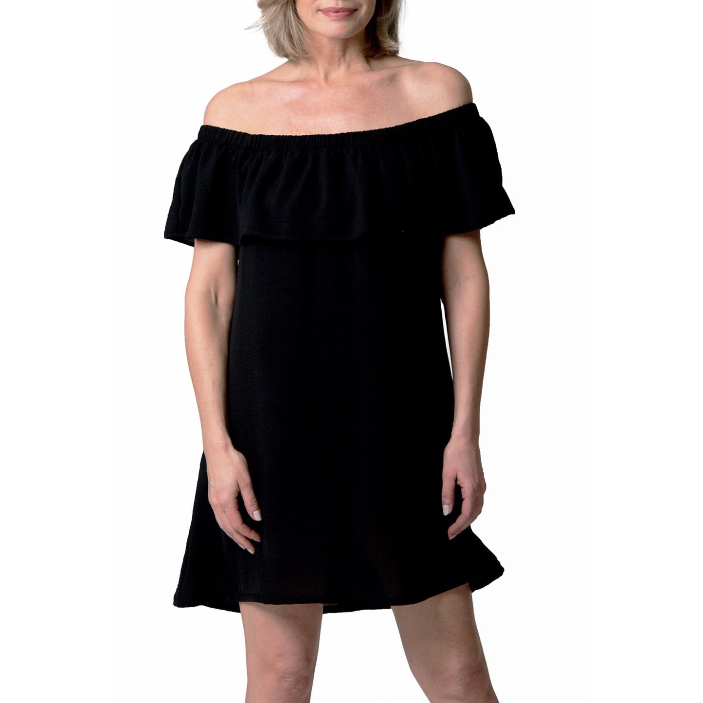 Woman in a black Cover Me Short Frill Airflo Cover Up by Cover Me, off-shoulder, against a white background.
