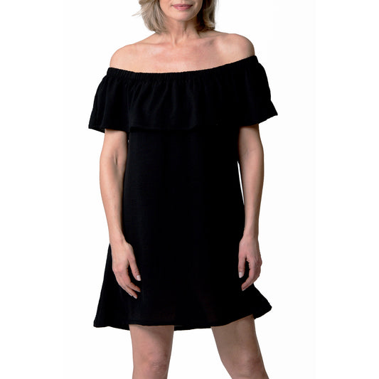 Product Image – Woman in a black Cover Me Short Frill Airflo Cover Up by Cover Me, off-shoulder, against a white background.
