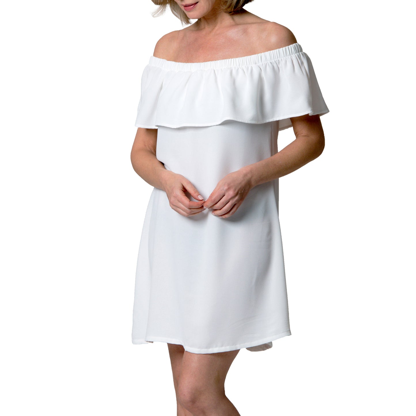 Woman wearing the Cover Me Short Frill Airflo Cover Up in white—an effortless summer style by Cover Me.