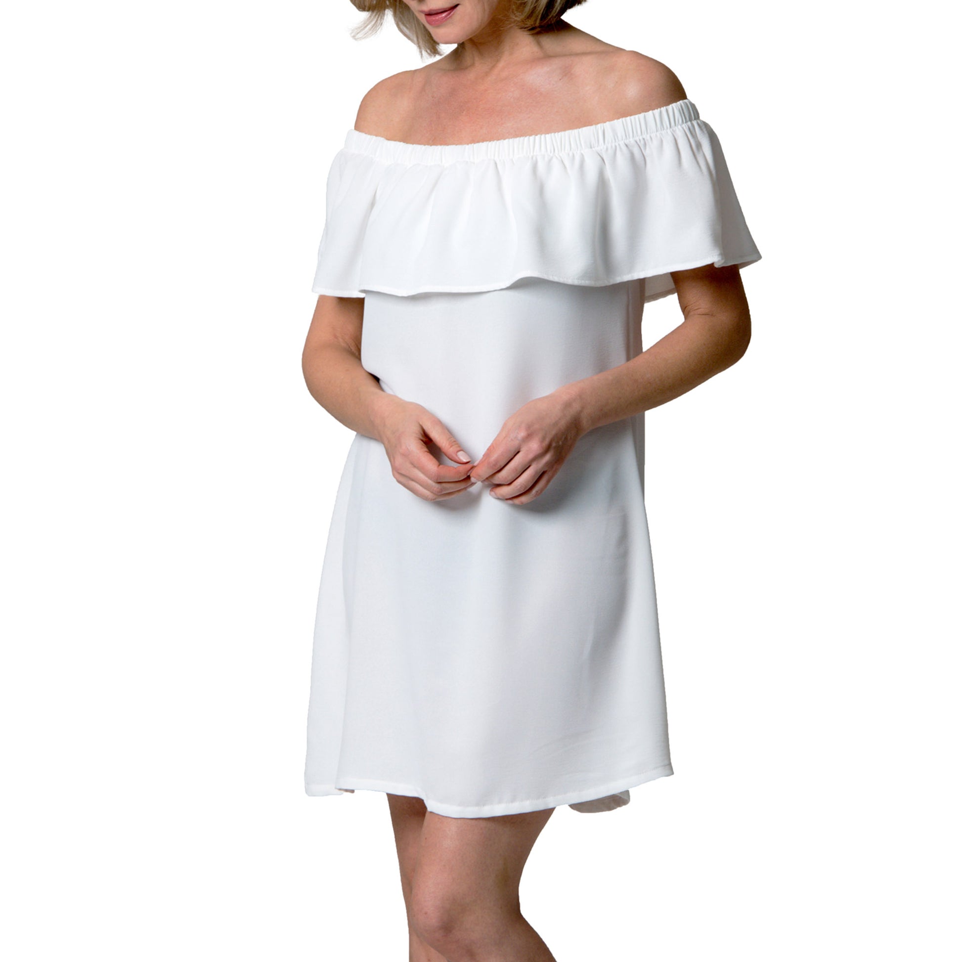 Woman wearing the Cover Me Short Frill Airflo Cover Up in white—an effortless summer style by Cover Me.