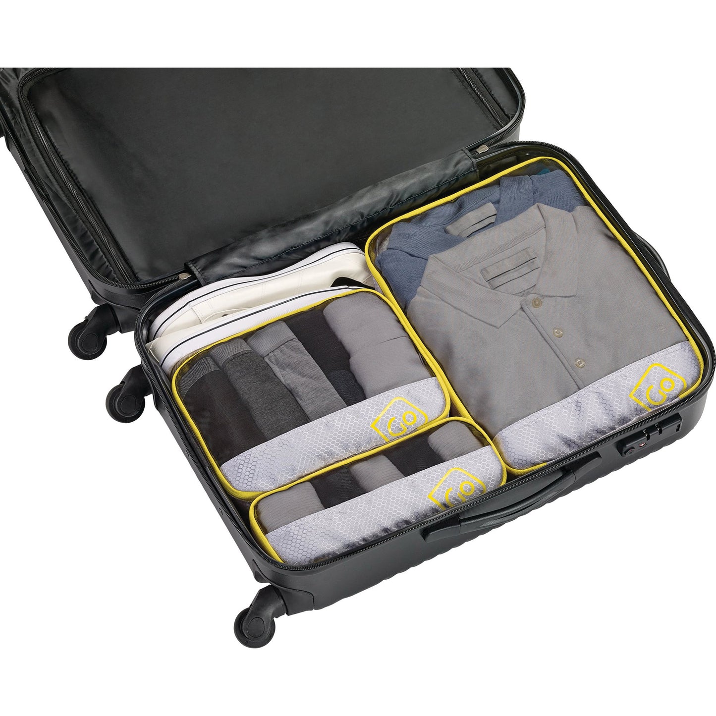 Go Travel Triple Packing Cubes packed with clothes inside an open suitcase
