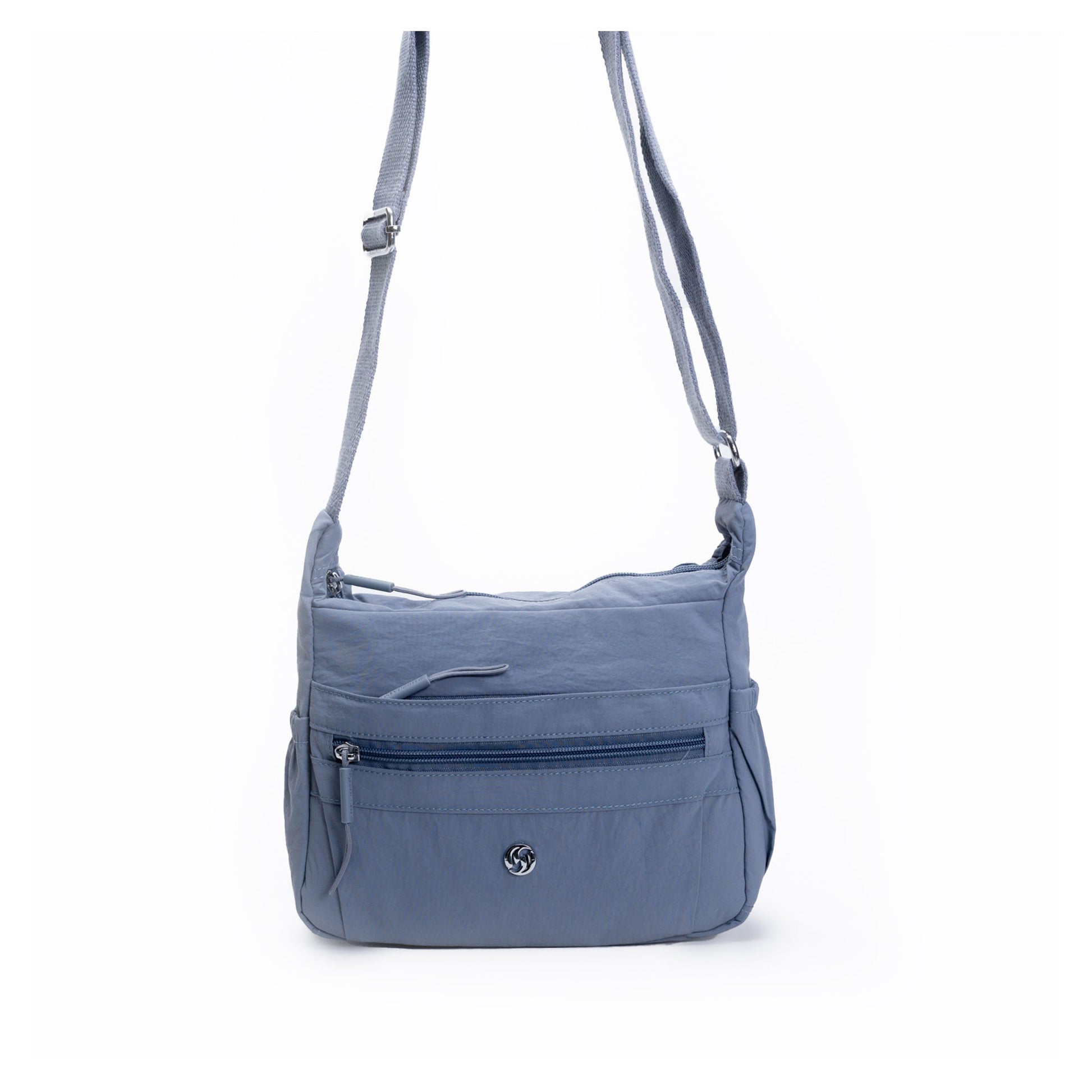 Miss Caprice Multi-zip Small Hobo Crossbody in light blue, multi-pocket, adjustable strap—ideal for travel.