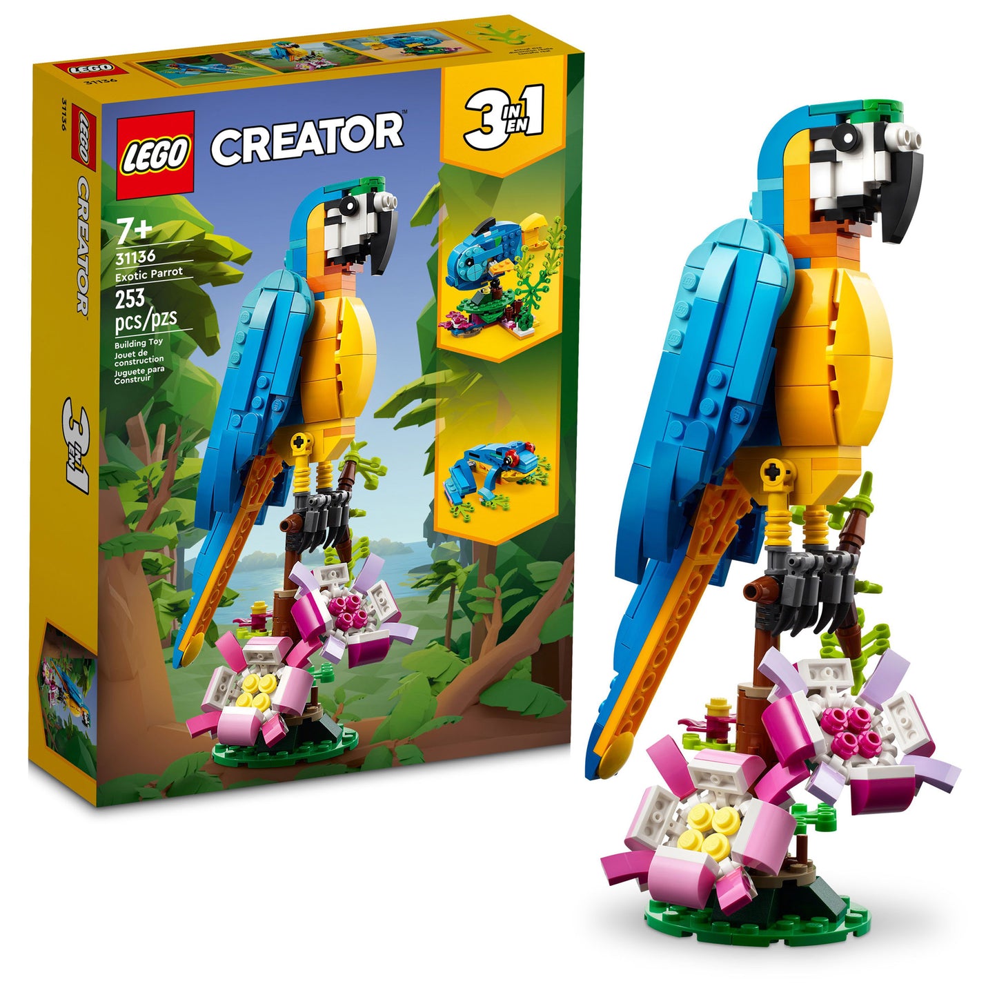 LEGO® Exotic Parrot - ONLINE ONLY set features a vibrant parrot model perched on colourful flowers.