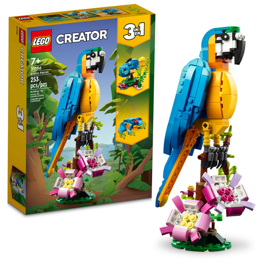 Product Image – LEGO® Exotic Parrot - ONLINE ONLY set features a vibrant parrot model perched on colourful flowers.