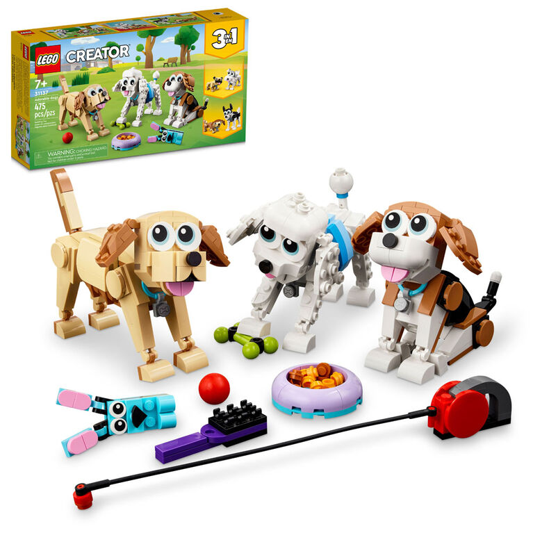 LEGO® Adorable Dogs - ONLINE ONLY set includes cute dogs, fun accessories, and the box shown in the background.