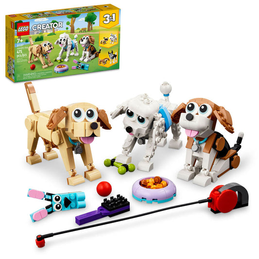 Product Image – LEGO® Adorable Dogs - ONLINE ONLY set includes cute dogs, fun accessories, and the box shown in the background.