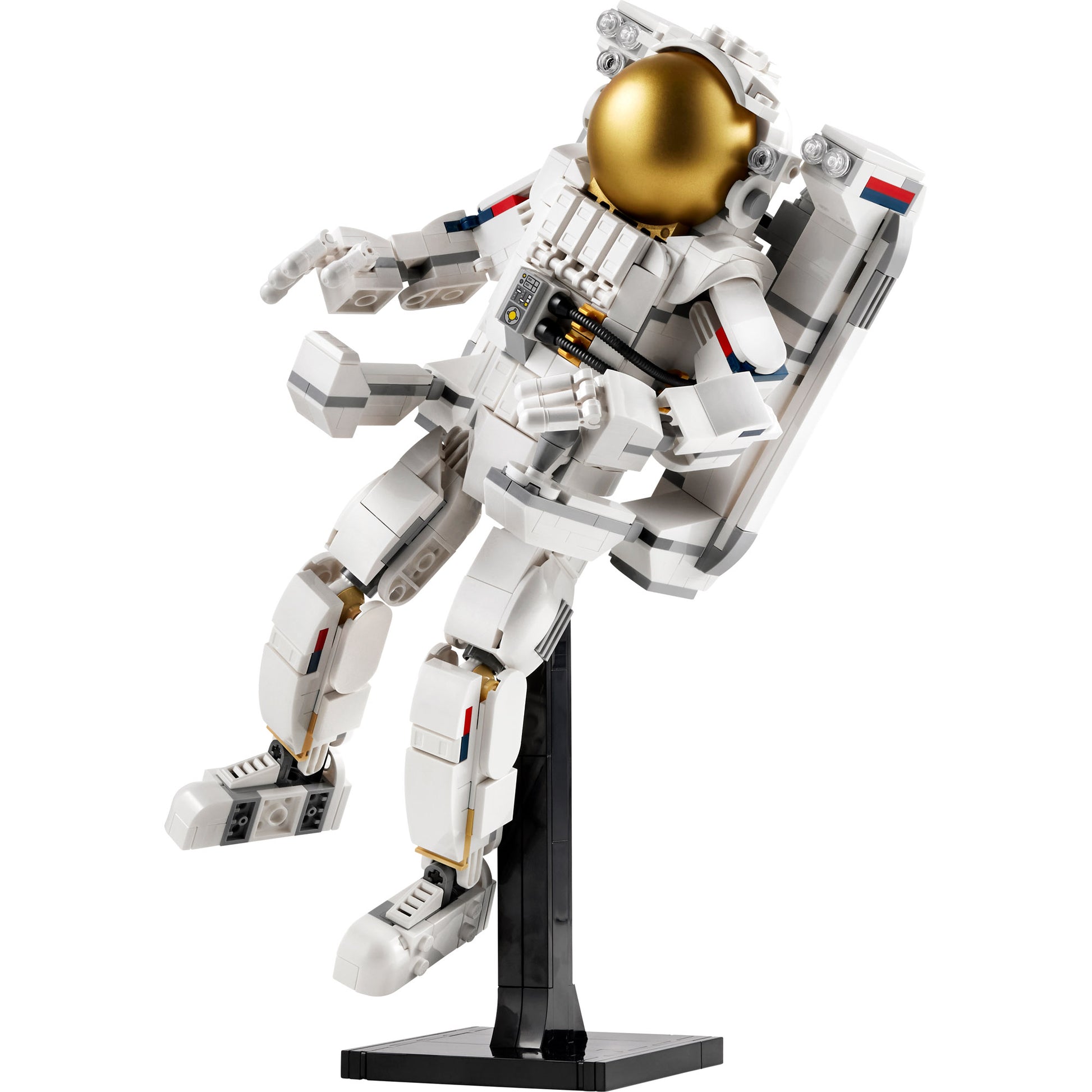 A LEGO® Space Astronaut - ONLINE ONLY figure in a spacesuit stands on a black display stand.