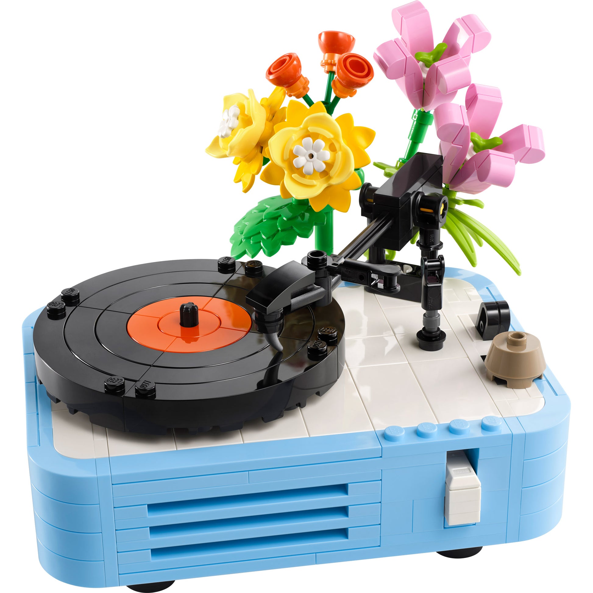 LEGO® Record Player with Flowers: a blue 3in1 model featuring a vinyl disc and colorful flowers on top.