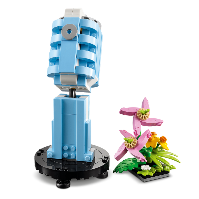 LEGO® Record Player with Flowers: retro blue microphone build with flowers beside.