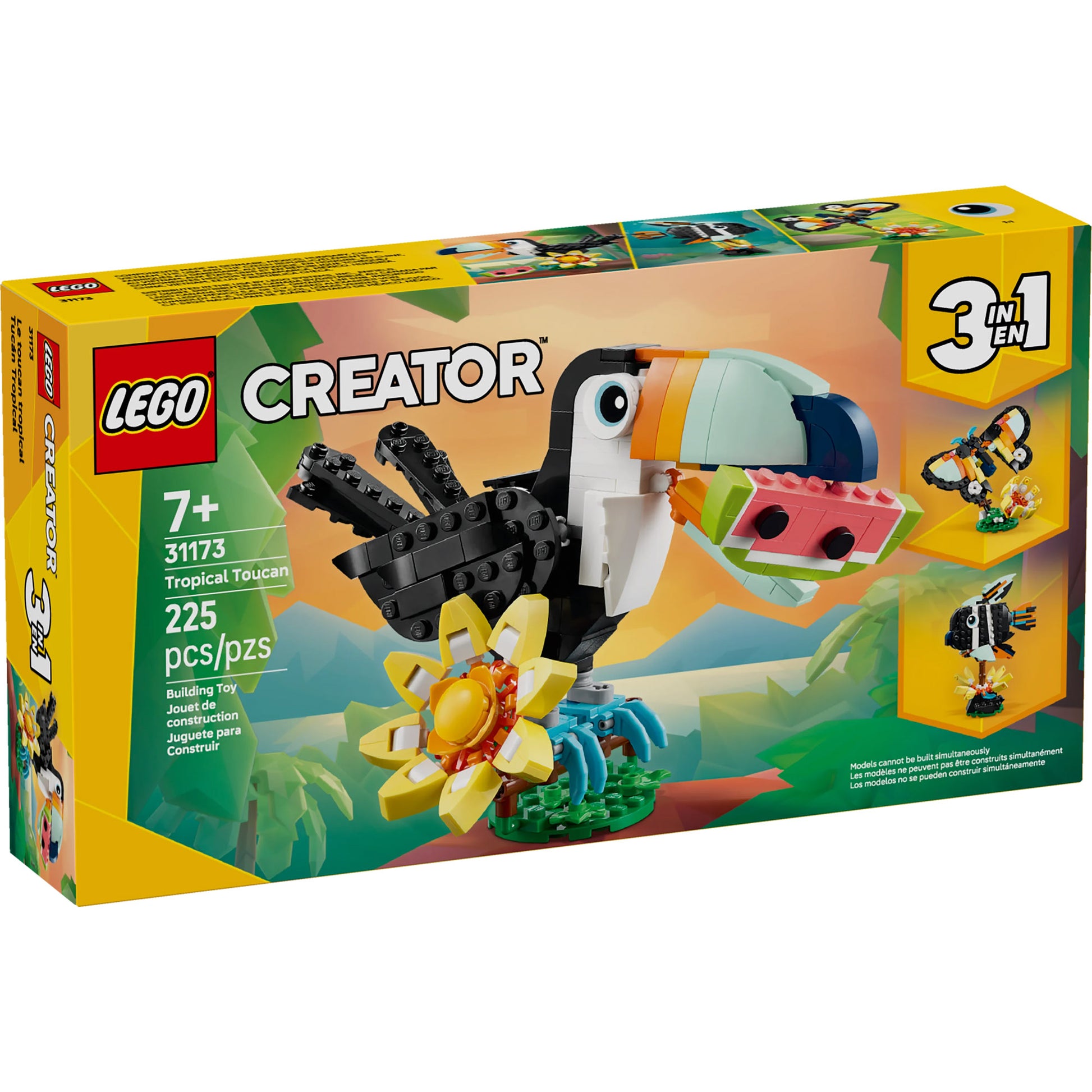 LEGO® Wild Animals: Tropical Toucan, 225 pieces, for ages 7+, box view.