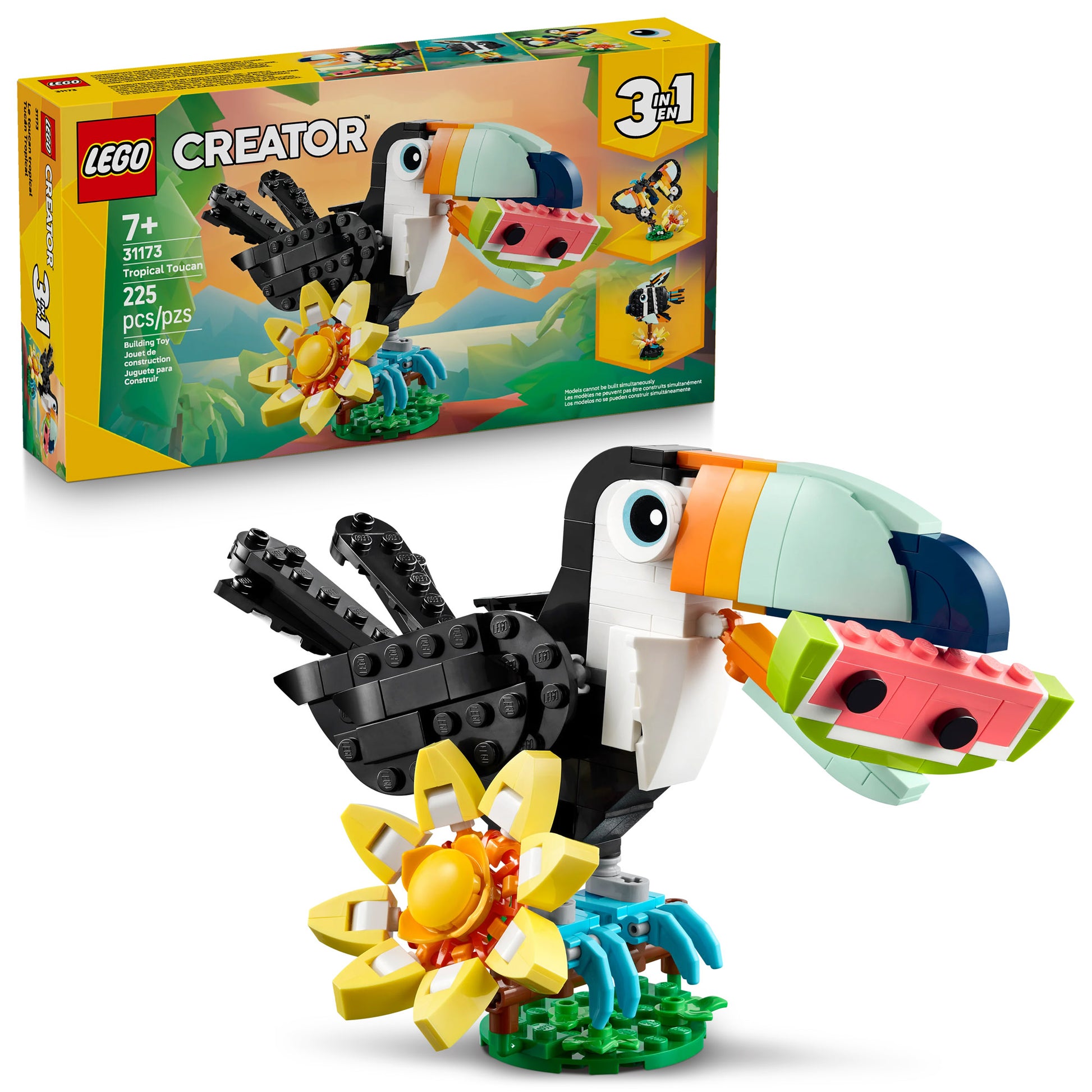 LEGO® Wild Animals: Tropical Toucan set includes a posable toucan, flower, and 225 pieces.