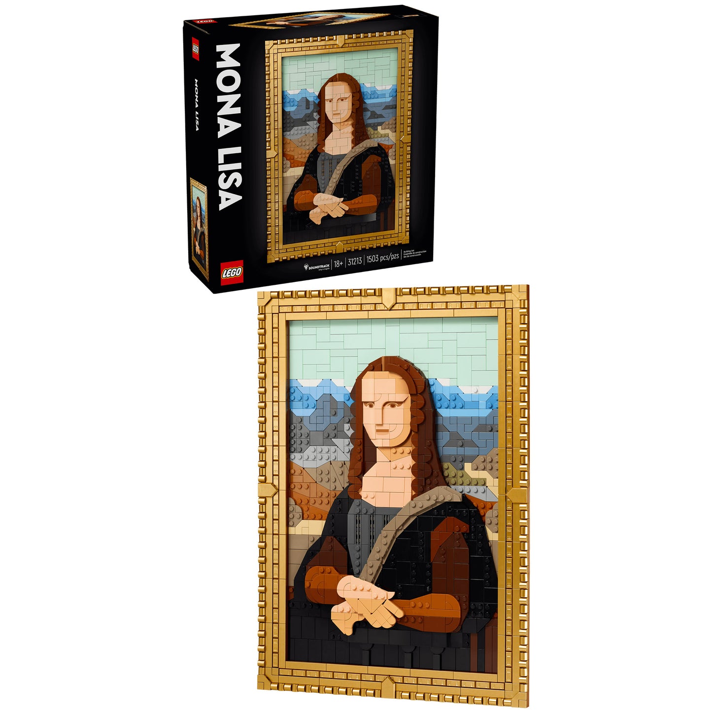 LEGO® Mona Lisa - ONLINE ONLY set by LEGO, built and displayed beside its box—a perfect home décor gift.