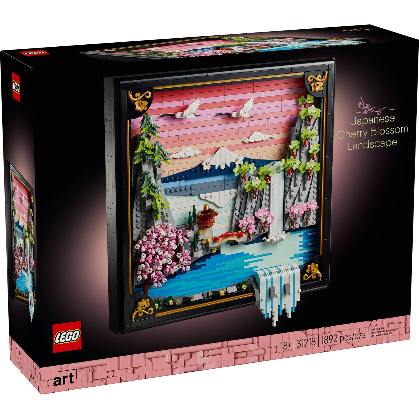 LEGO® Japanese Cherry Blossom Landscape set—3D blossoms, mountains & waterfall for stunning wall art.