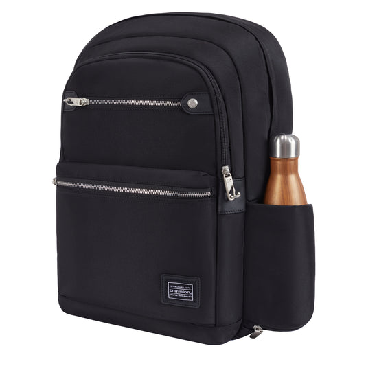 Product Image – Travelon Anti-theft Heritage Backpack with RFID blocking, zip pockets, and a side wooden bottle pocket.