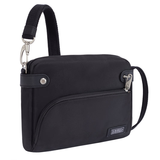Product Image – Travelon Anti-theft Heritage Crossbody: secure black bag, zip pocket, adjustable strap, small logo detail.