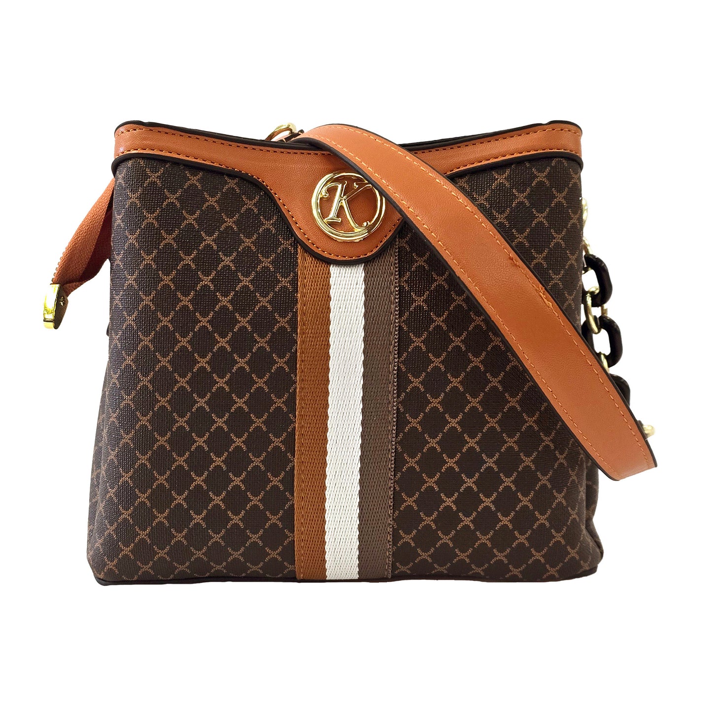 Miss Caprice Patterned Handbag: brown two-tone with tan strap, gold hardware, 3 compartments, cream stripe.