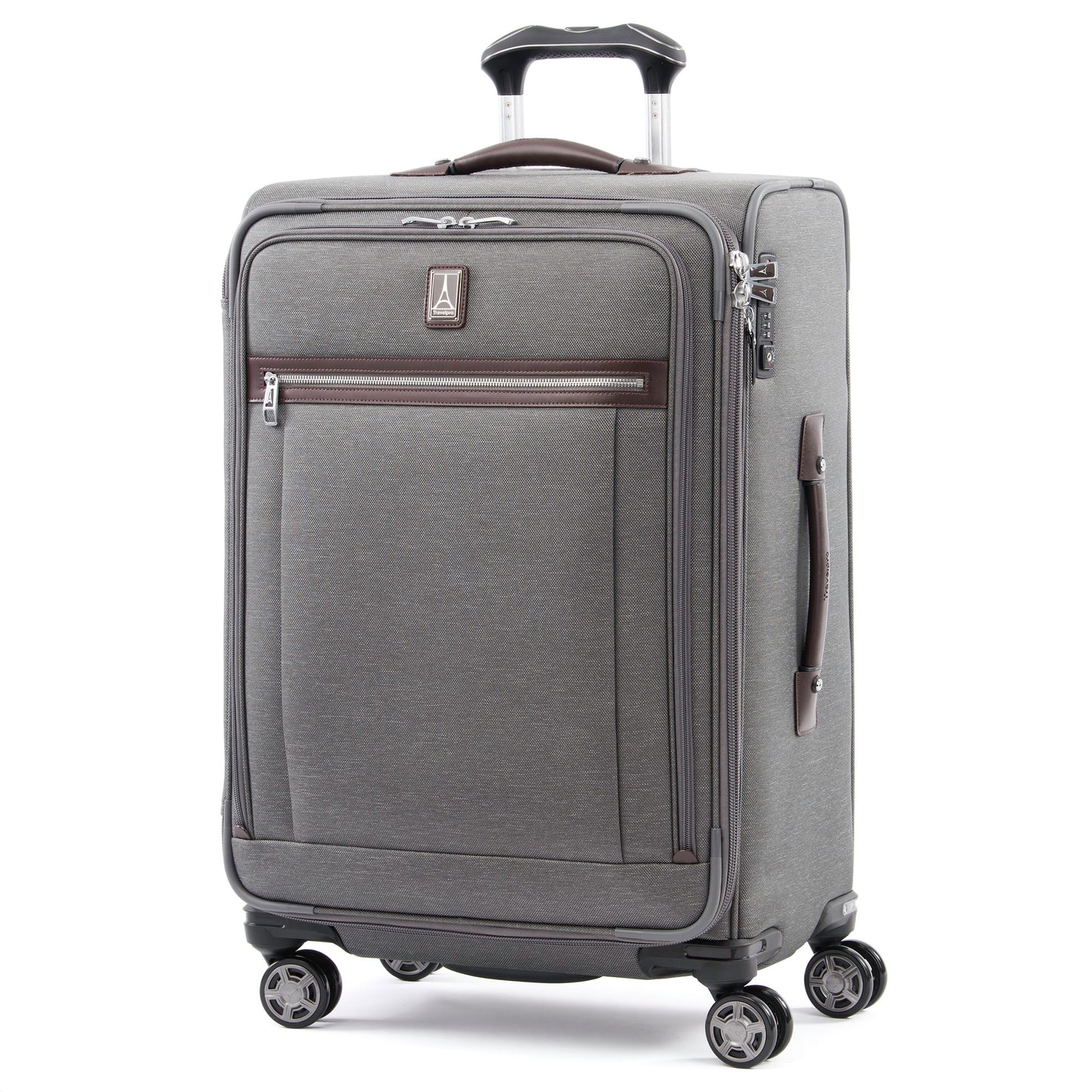 Travelpro® Platinum® Elite 25" Expandable Spinner, vintage grey with brown leather details, front angled view