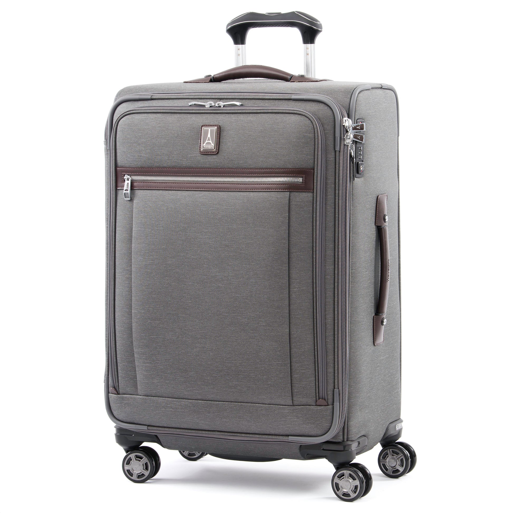Travelpro® Platinum® Elite 25" Expandable Spinner, vintage grey with brown leather details, front angled view
