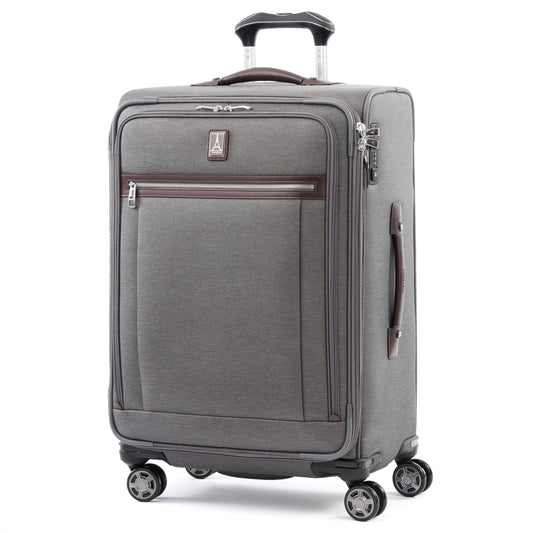 Product Image – Travelpro® Platinum® Elite 25" Expandable Spinner, vintage grey with brown leather details, front angled view