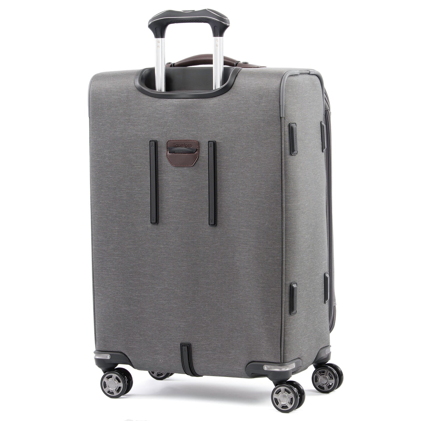Travelpro® Platinum® Elite 25" Expandable Spinner, vintage grey with brown leather details, back view