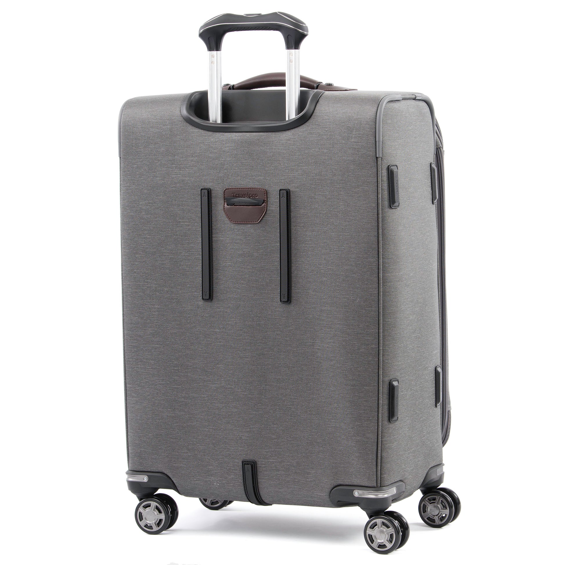 Travelpro® Platinum® Elite 25" Expandable Spinner, vintage grey with brown leather details, back view