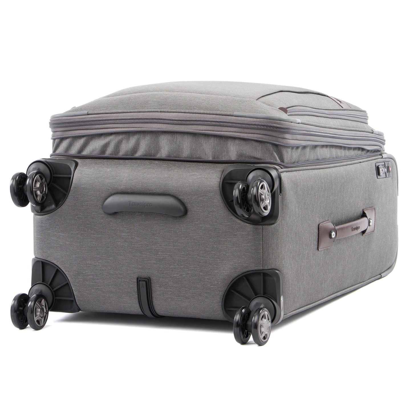Travelpro® Platinum® Elite 25" Expandable Spinner, vintage grey with brown leather details, bottom view of the black spinner wheels