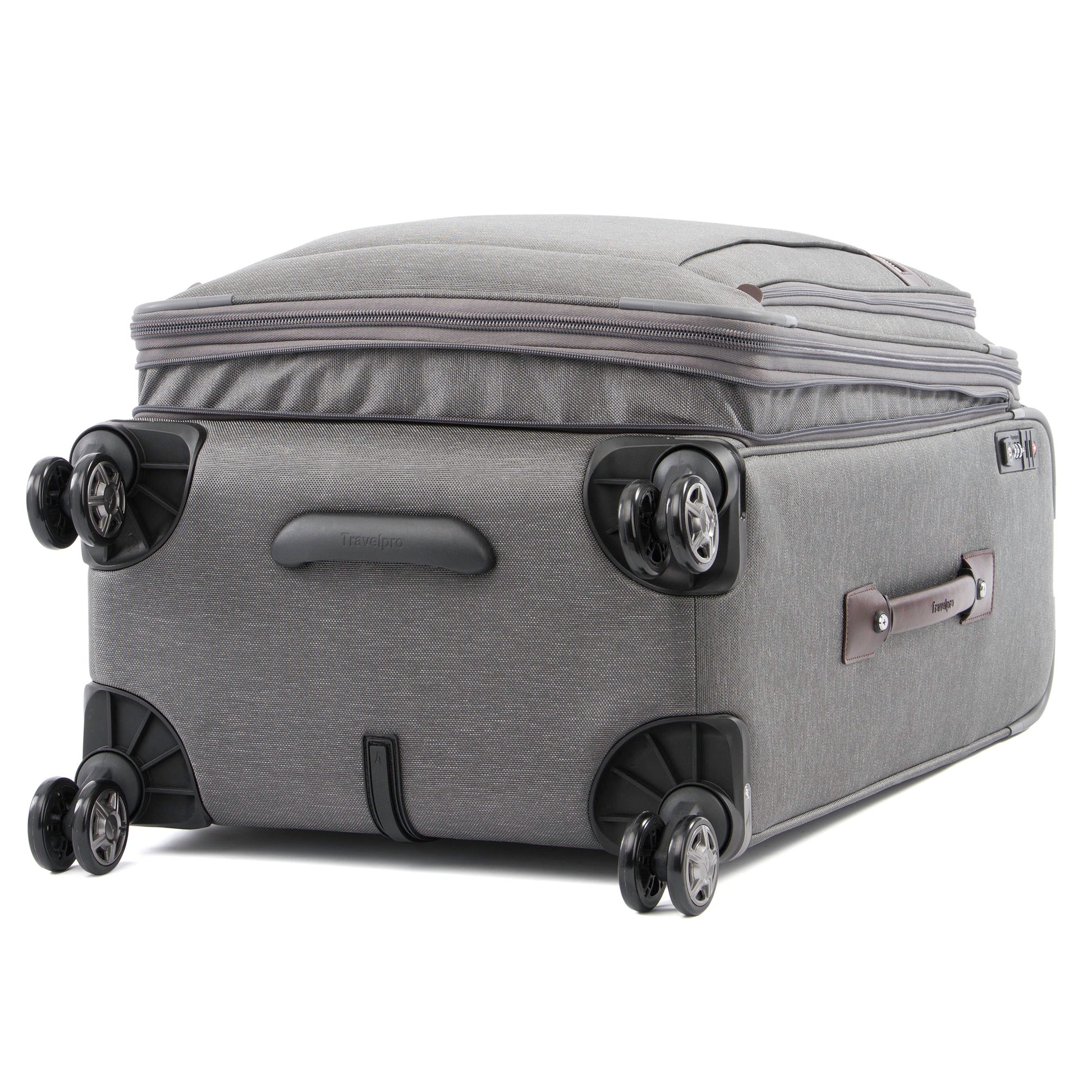 Travelpro® Platinum® Elite 25" Expandable Spinner, vintage grey with brown leather details, bottom view of the black spinner wheels