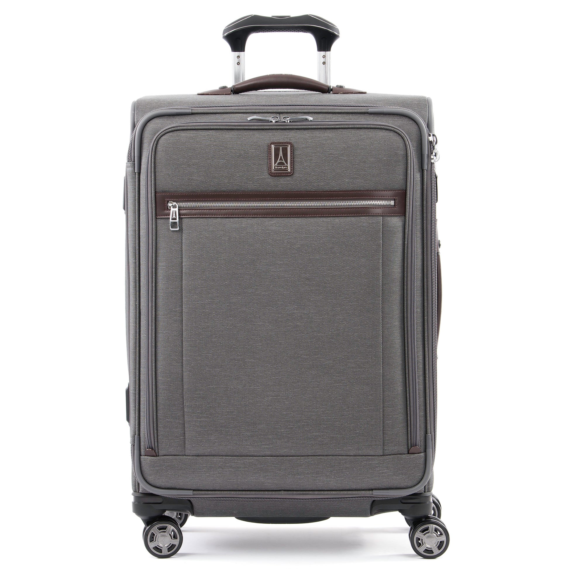 Travelpro® Platinum® Elite 25" Expandable Spinner, vintage grey with brown leather details, front view