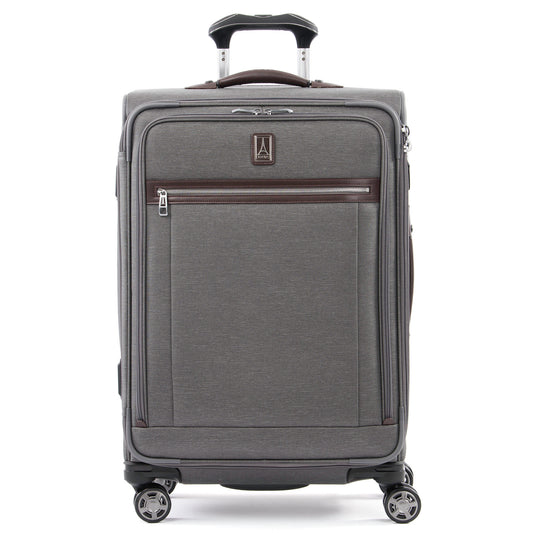 Product Image – Travelpro® Platinum® Elite 25" Expandable Spinner, vintage grey with brown leather details, front view