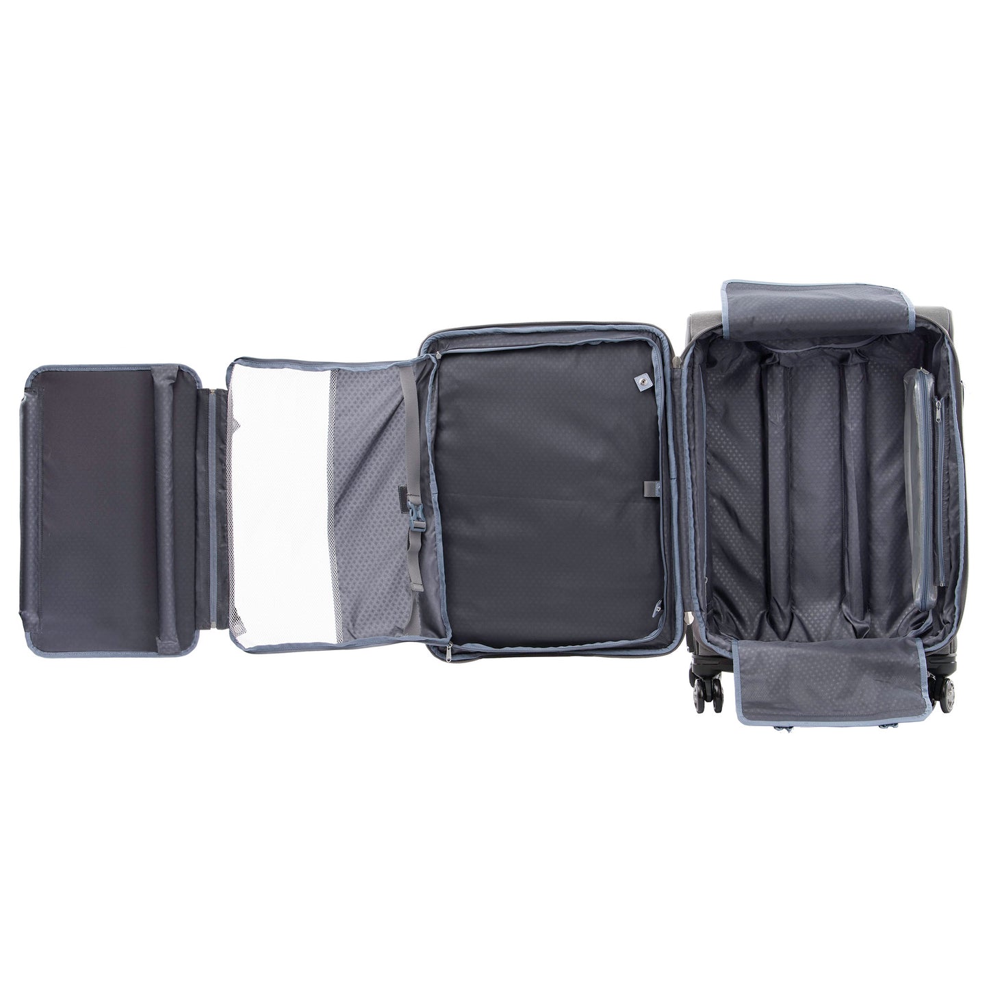 Travelpro® Platinum® Elite 25" Expandable Spinner, vintage grey, open view with interior organization pieces pulled out
