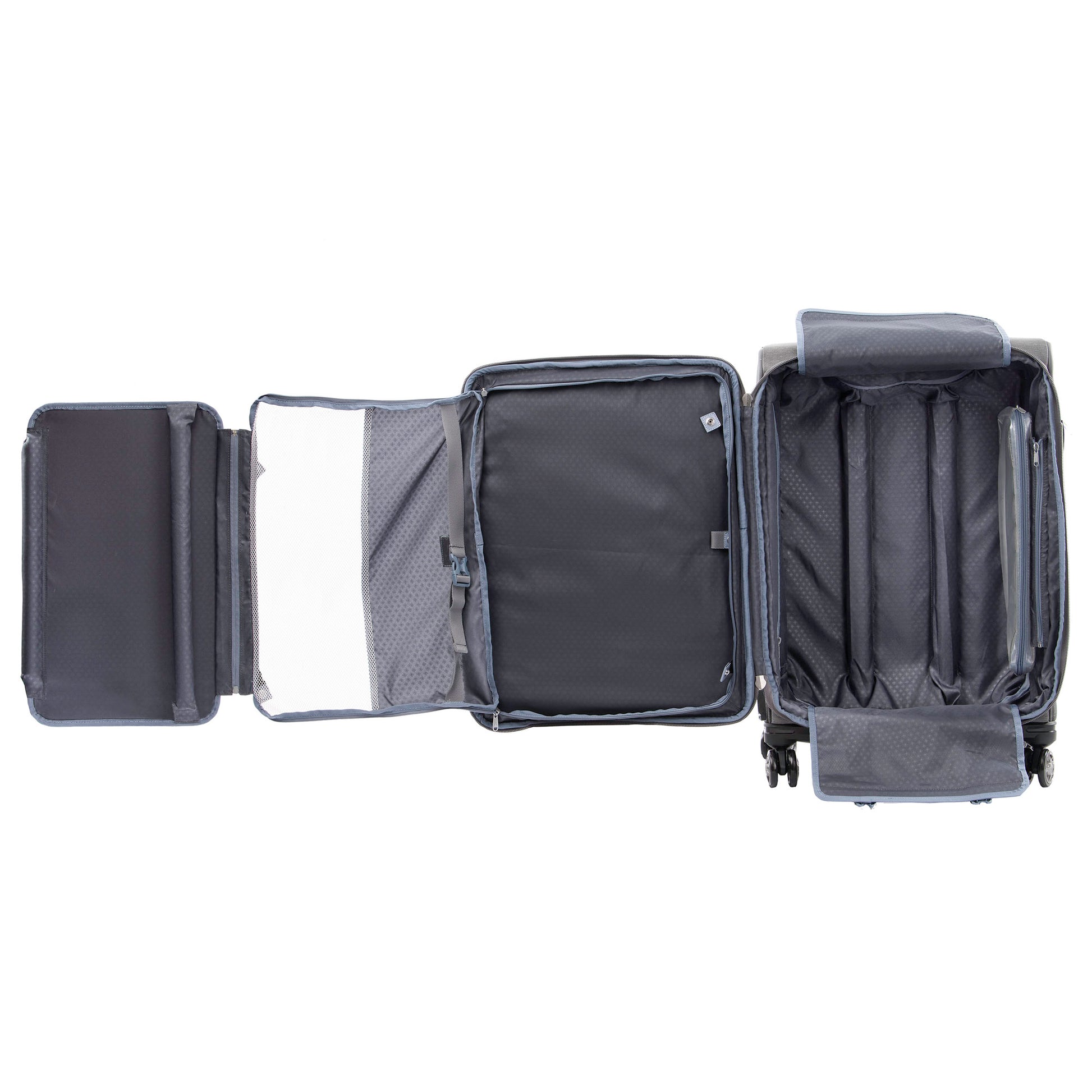 Travelpro® Platinum® Elite 25" Expandable Spinner, vintage grey, open view with interior organization pieces pulled out