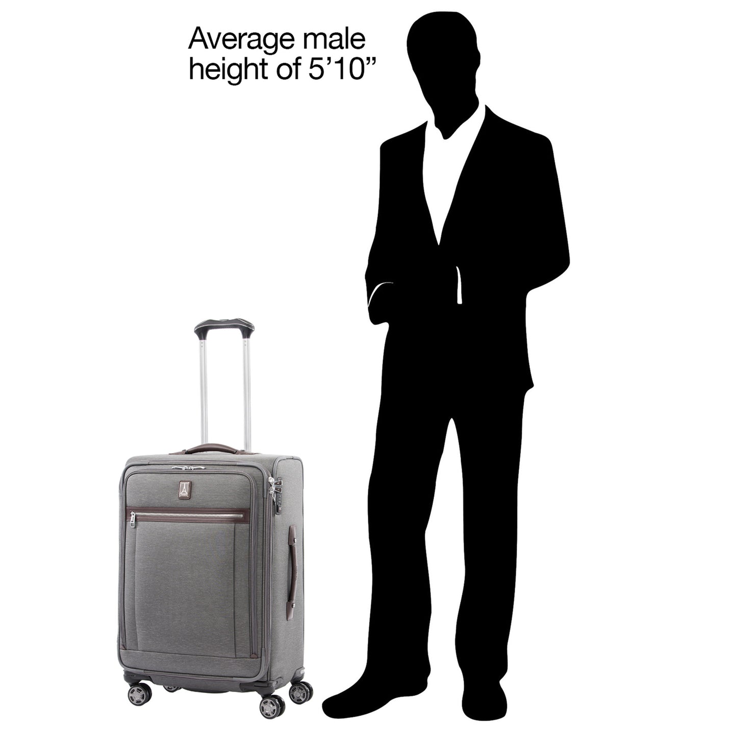 Travelpro® Platinum® Elite 25" Expandable Spinner, vintage grey beside a silhouette image of an average height 5'10" male to show scale