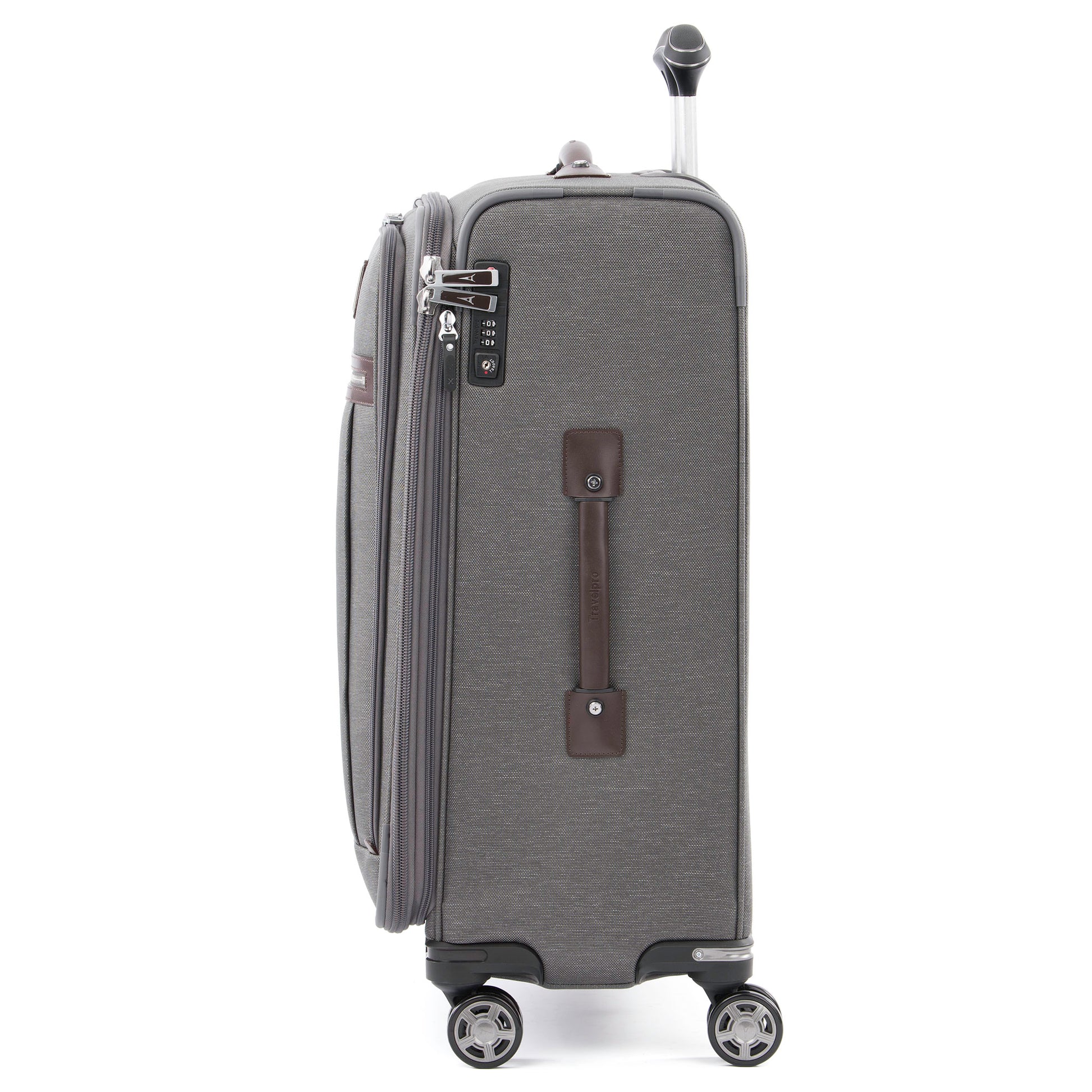 Travelpro® Platinum® Elite 25" Expandable Spinner, vintage grey with brown leather details and side handle, side view