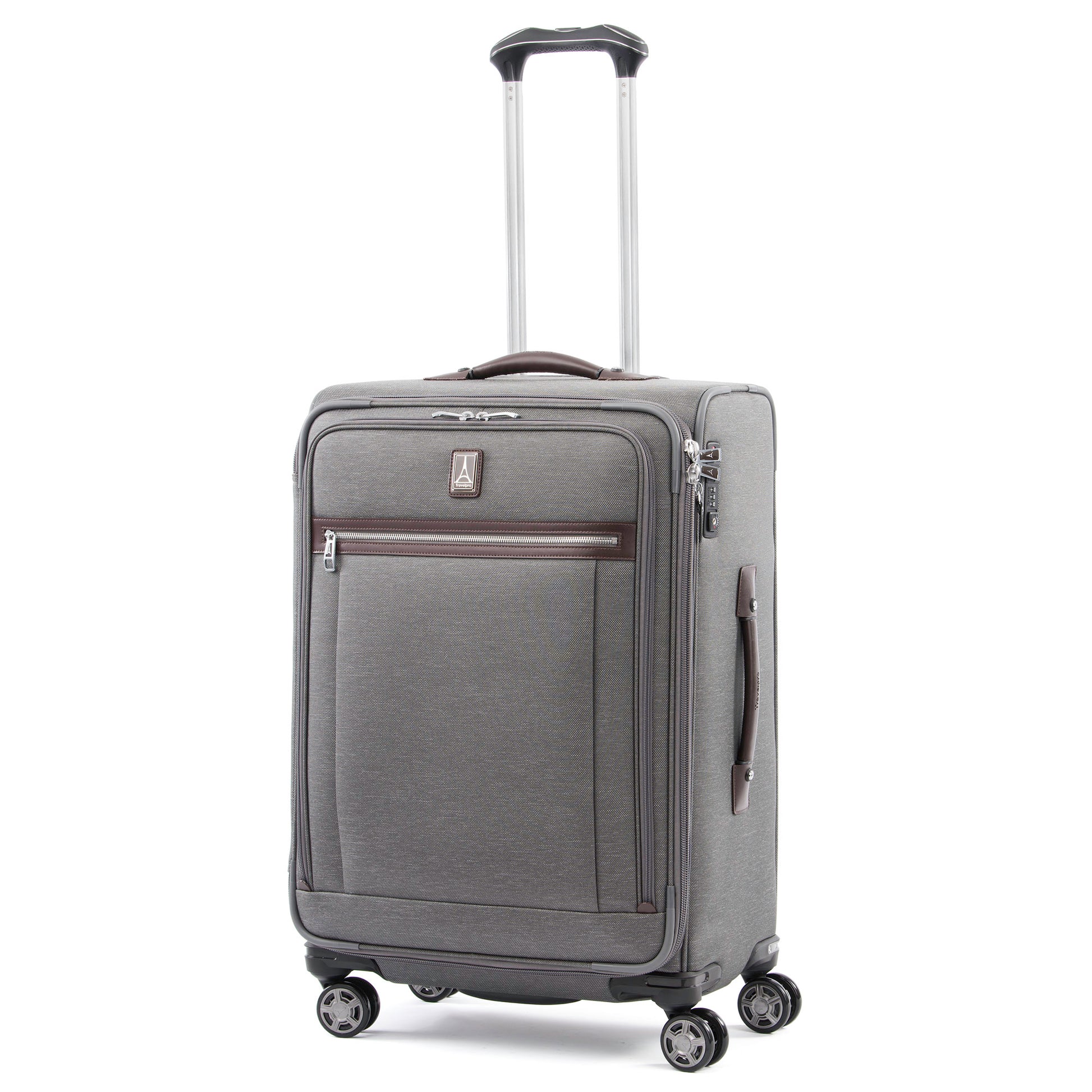 Travelpro® Platinum® Elite 25" Expandable Spinner, vintage grey with brown leather details, front angled view with telescopic handle extended
