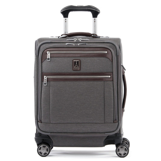 Product Image – Travelpro® Platinum® Elite International Expandable Carry-on Spinner, vintage grey with brown leather details, front view