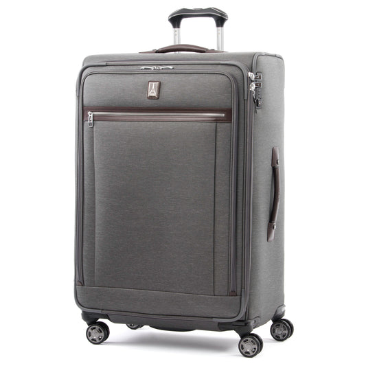 Product Image – Travelpro® Platinum® Elite 29" Expandable Spinner, vintage grey with brown leather details, front angled view