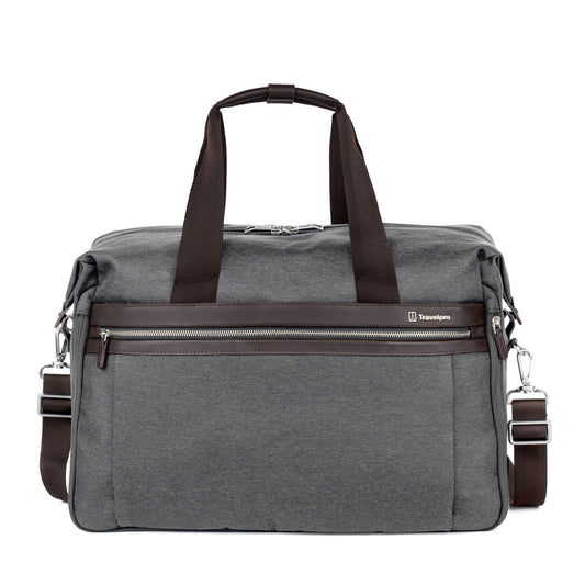 Product Image – Travelpro® Platinum® Elite Soft Duffle, vintage grey with brown leather details, front view