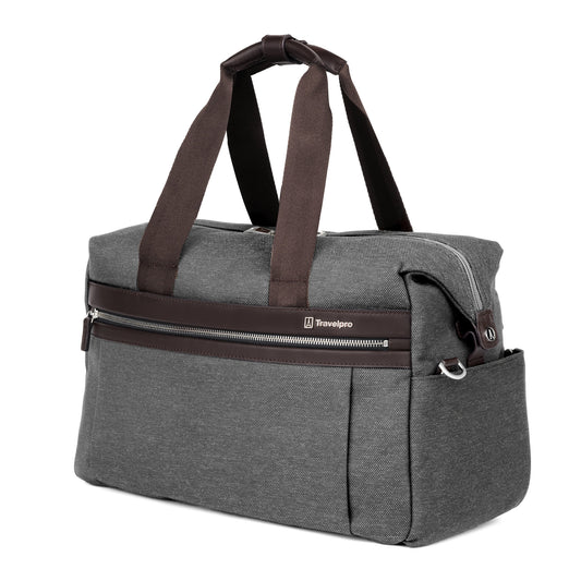Product Image – Travelpro® Platinum® Elite UnderSeat Tote, vintage grey with brown leather details, front angled view