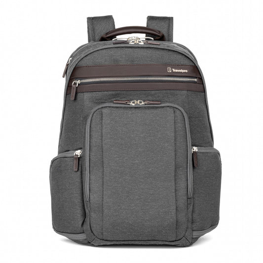 Product Image – Travelpro® Platinum® Elite Business Backpack, vintage grey with brown leather details, front view