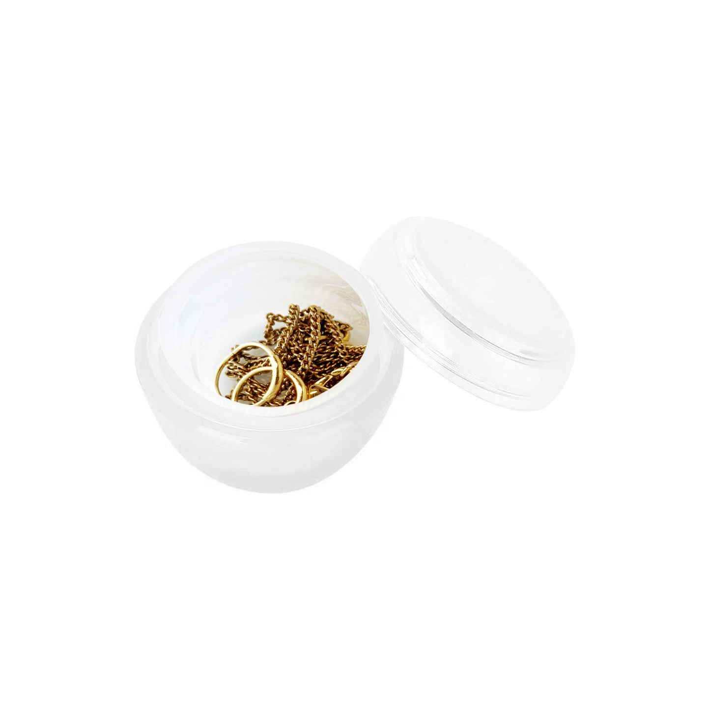 MyTagAlongs Pyramid Travel Jars by MyTagAlongs—white reusable jar with clear lid holding gold jewelry.