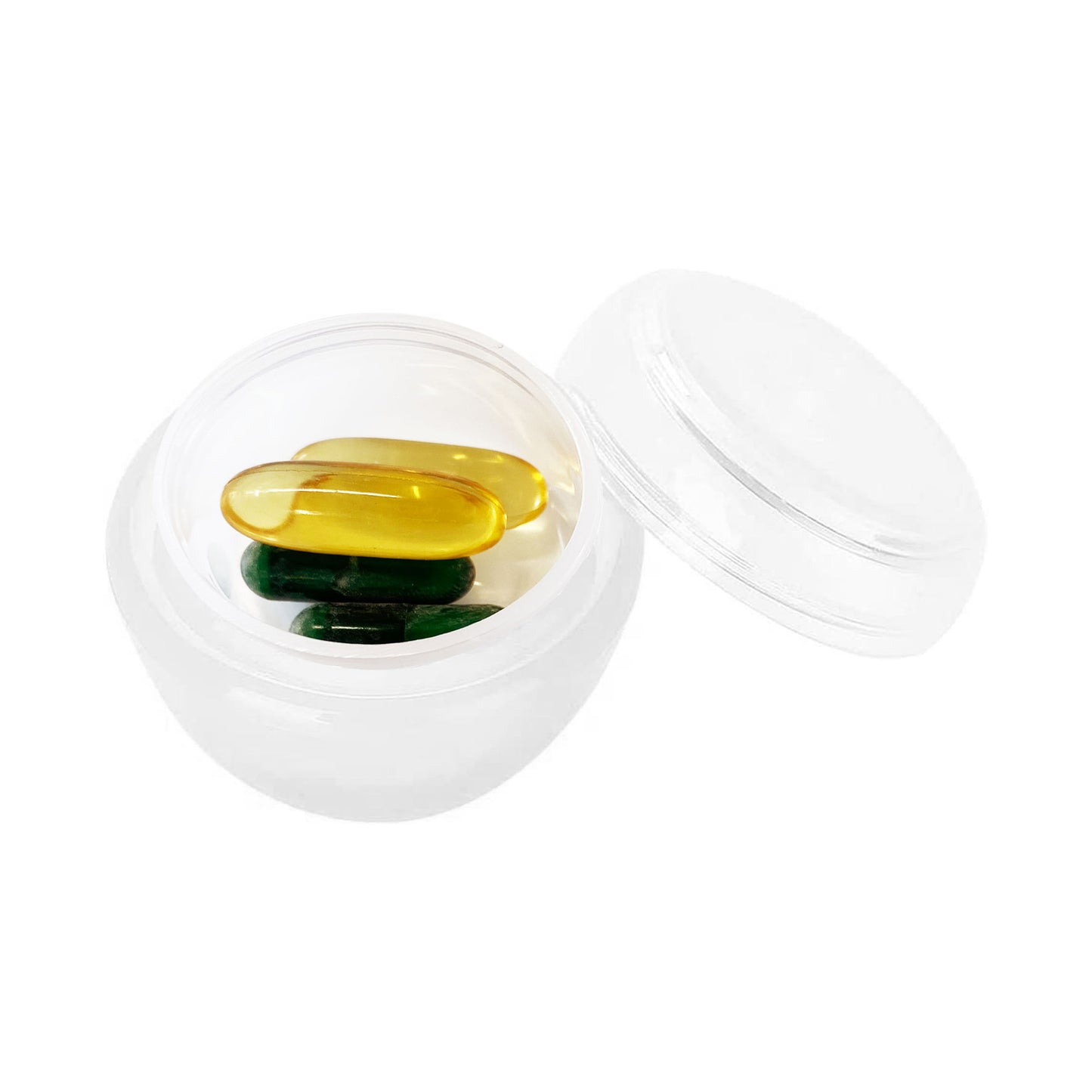 A small white MyTagAlongs Pyramid Travel Jar, lid open, holds yellow and green capsules.