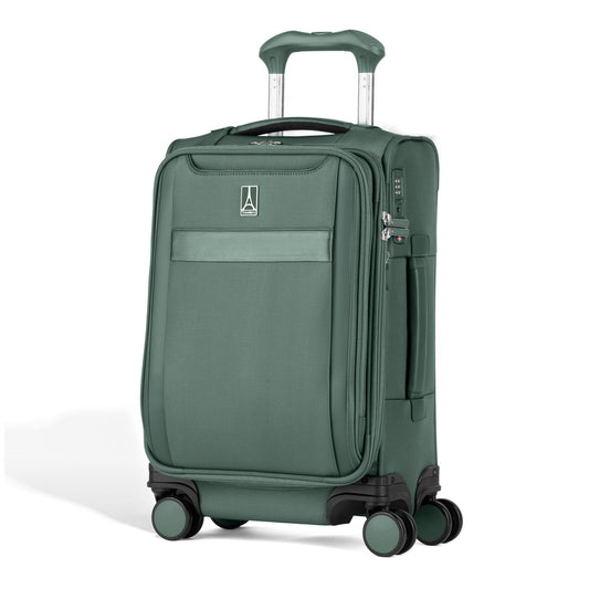 Product Image – The Travelpro® VersaPack®+ Compact Carry-on Spinner with 4 wheels and zip pocket is shown on a white background.