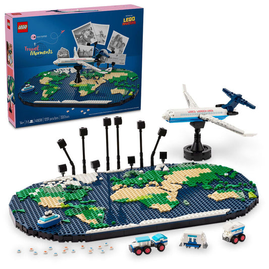 Product Image – The LEGO® Travel Moments - ONLINE ONLY set features a world map, airplane & vehicles for travel-themed building fun.