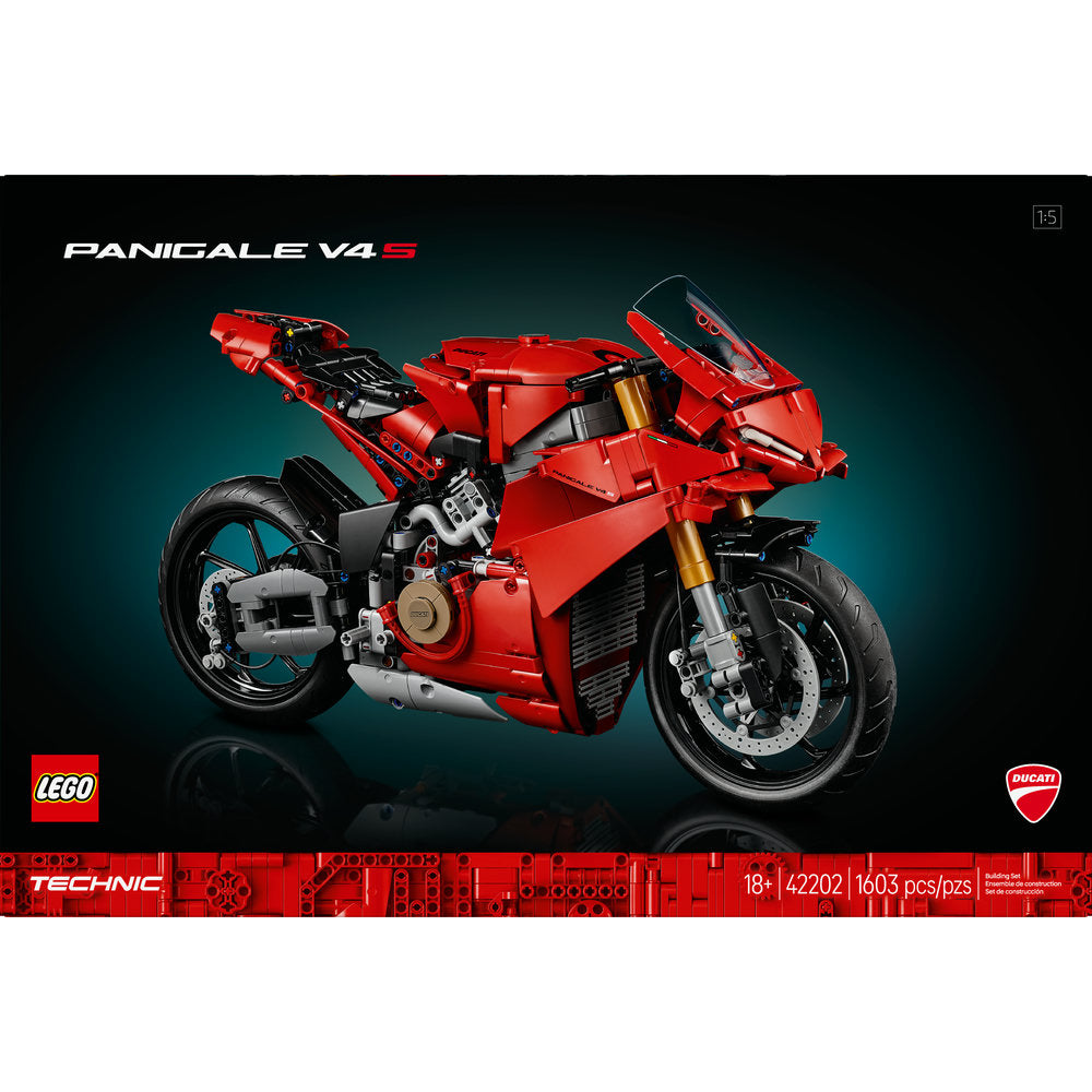LEGO® Ducati Panigale V4 S Motorcycle - ONLINE ONLY in red, shown against a dark gradient background.