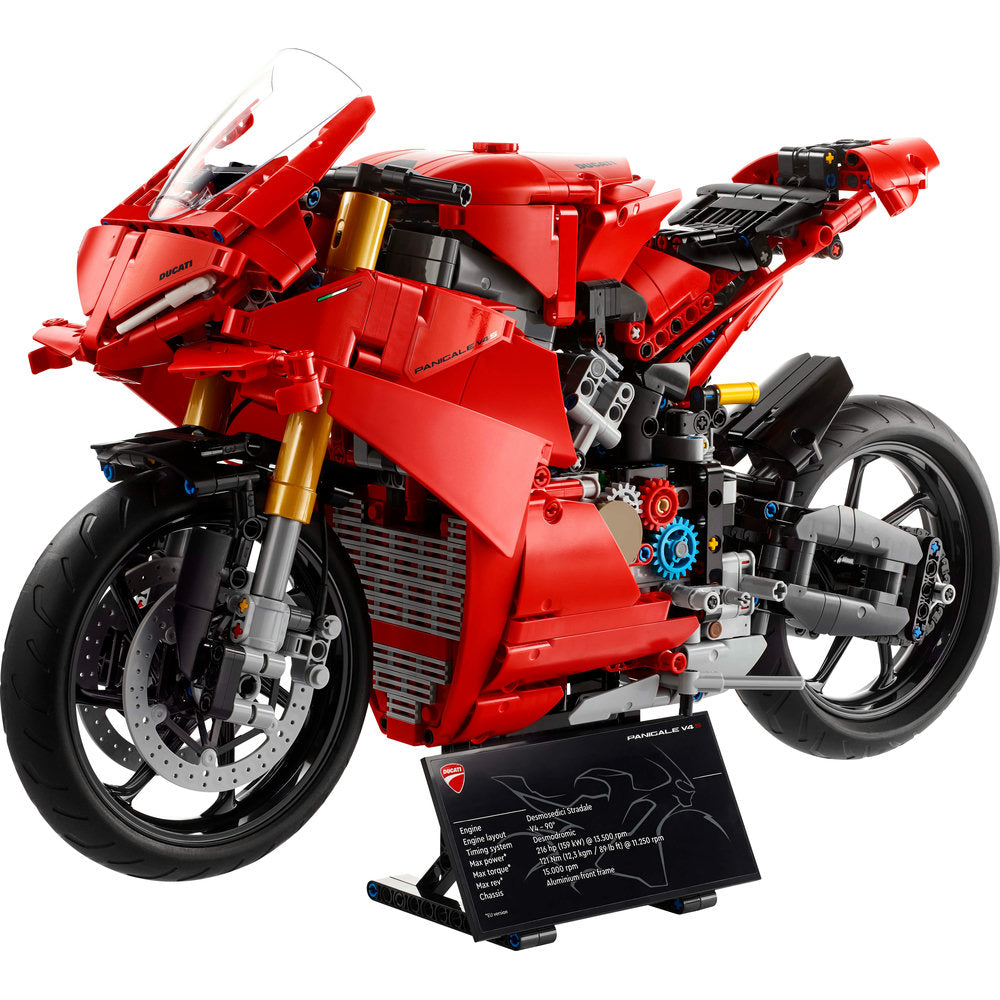 LEGO® Ducati Panigale V4 S Motorcycle model on stand with info plaque in front.