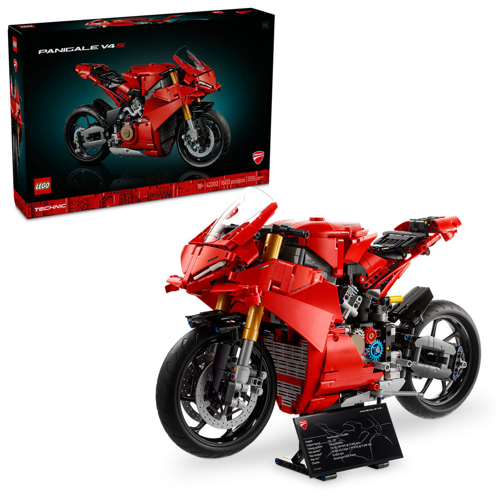 LEGO® Ducati Panigale V4 S Motorcycle - ONLINE ONLY shown with box and info plaque by LEGO.
