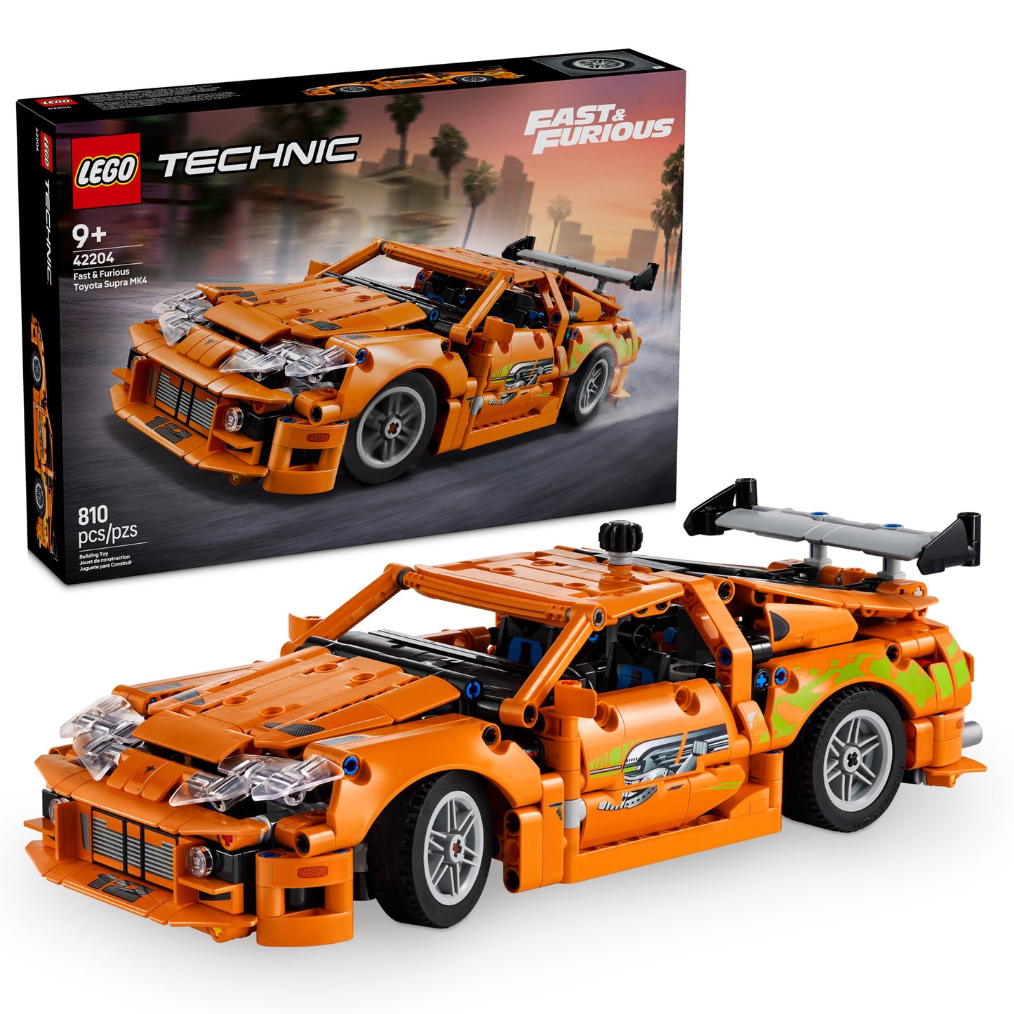 LEGO® Fast and Furious Toyota Supra MK4 car displayed in front of its box packaging.