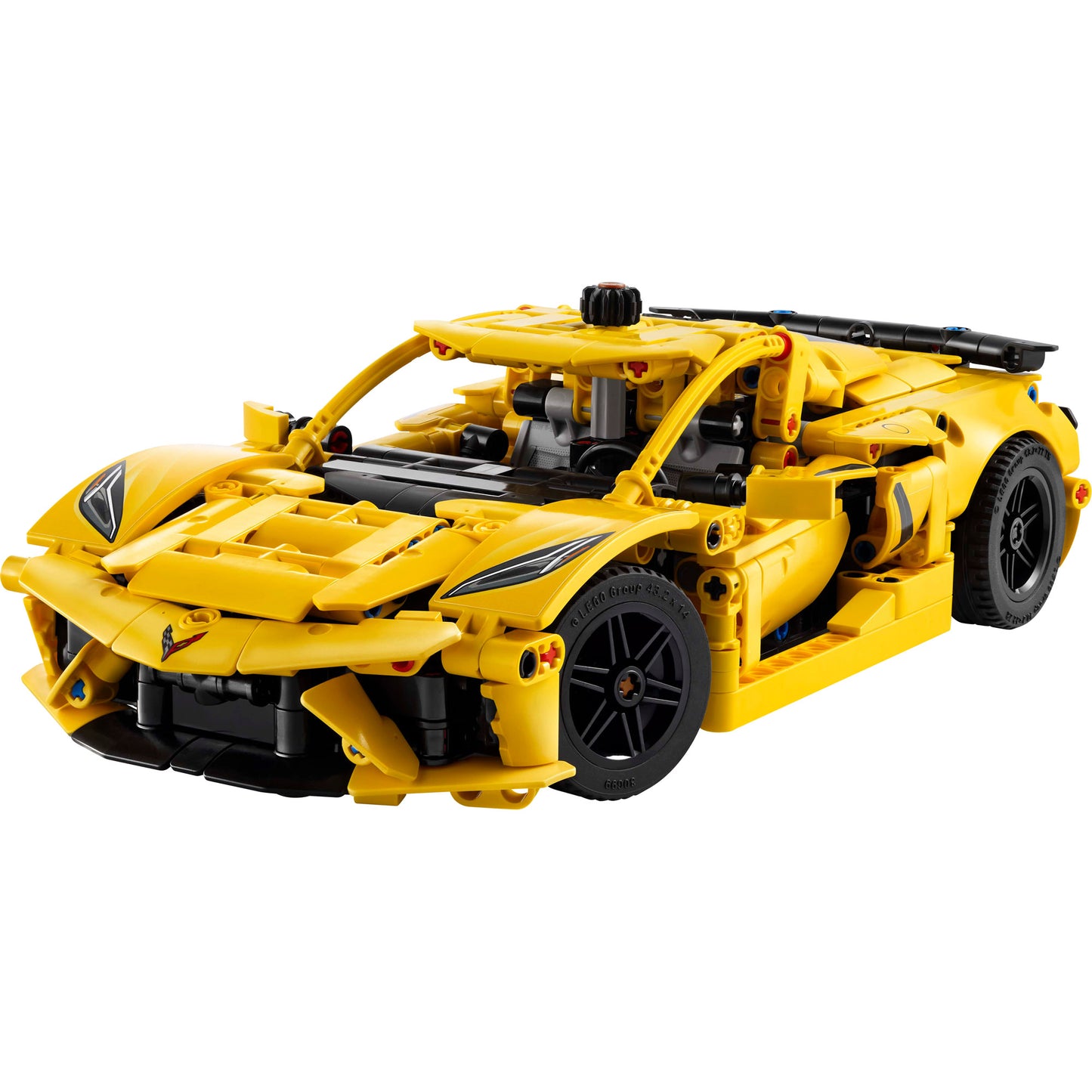LEGO® Chevrolet Corvette Stingray in yellow with black wheels, detailed front, viewed from the front.