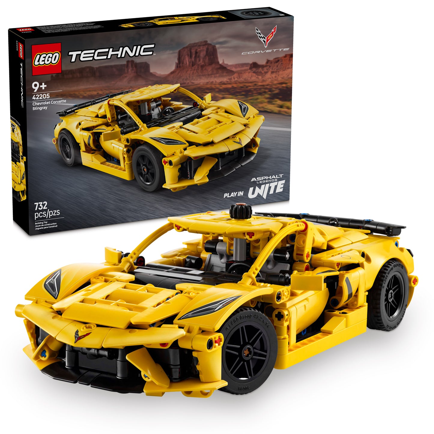 LEGO® Chevrolet Corvette Stingray model kit, 732 pieces, for ages 9+, yellow.